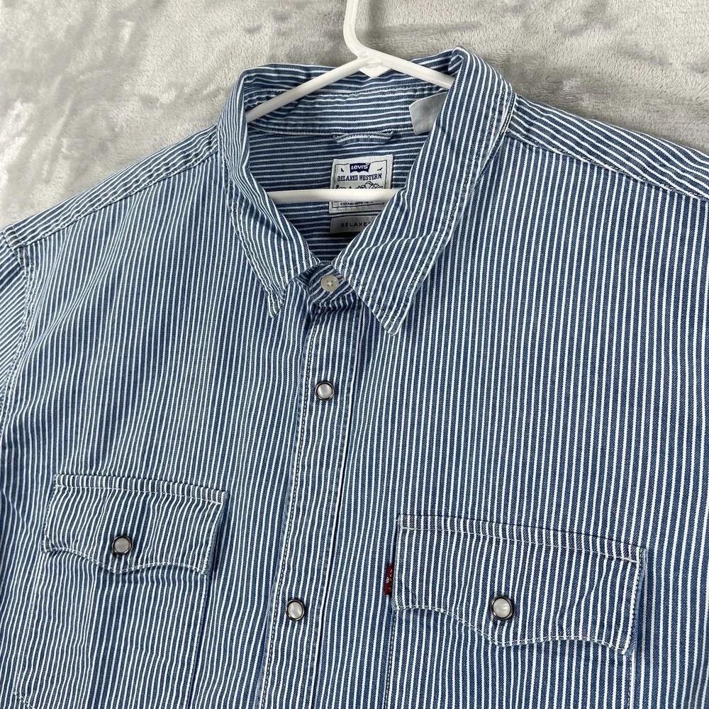 Levi's Western Shirt Mens XL Pearl Snap Relaxed Fit Short Sleeve Striped Cowboy